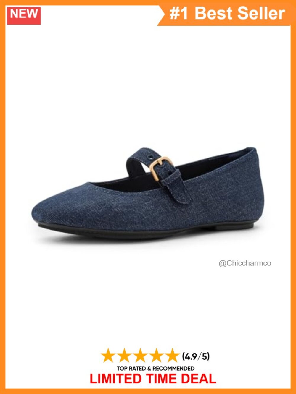 Denim Mary Jane Flats with Wedge Heel and Buckle Strap